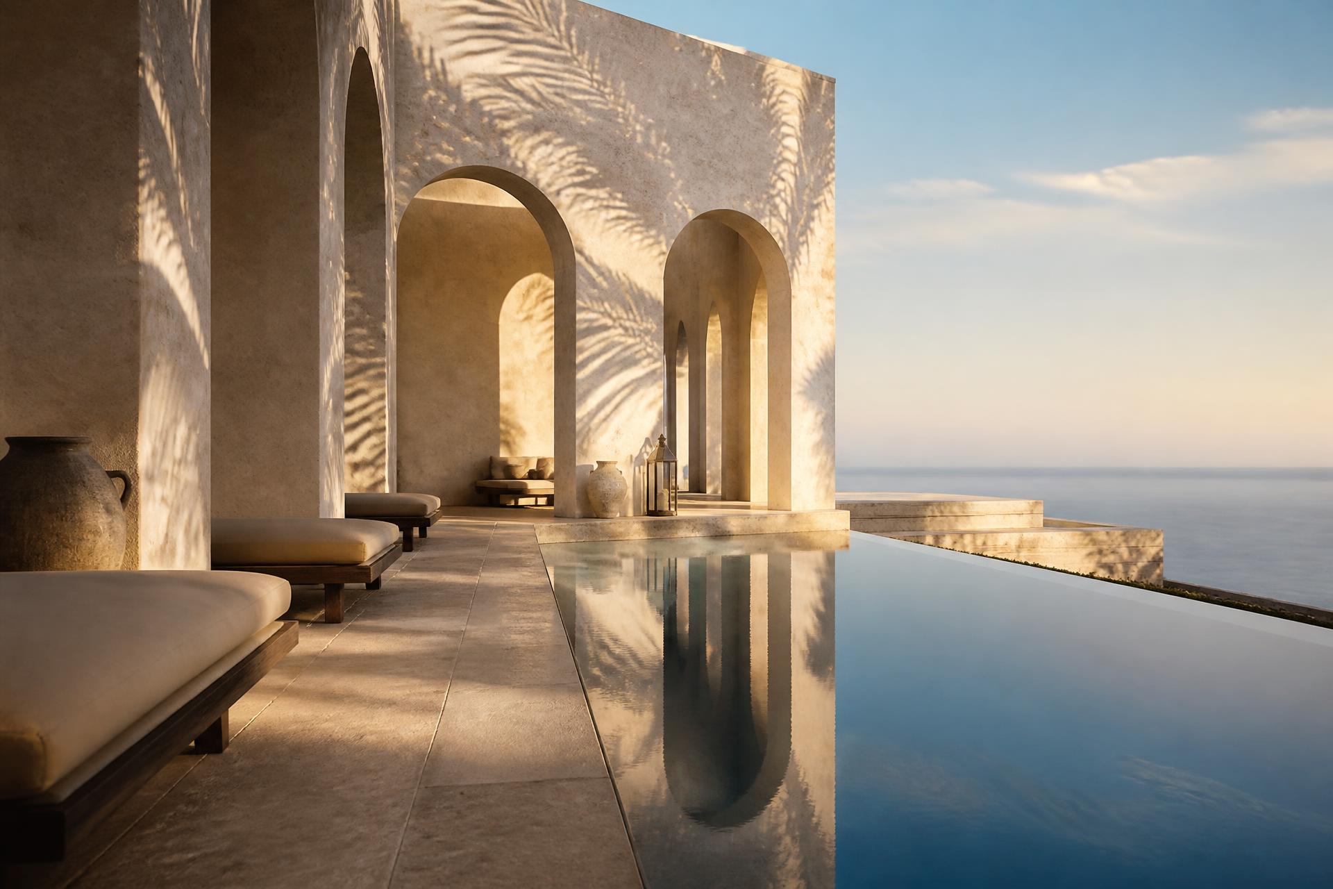 Limestone sanctuary at dawn – arches, reflecting pool, ocean horizon
